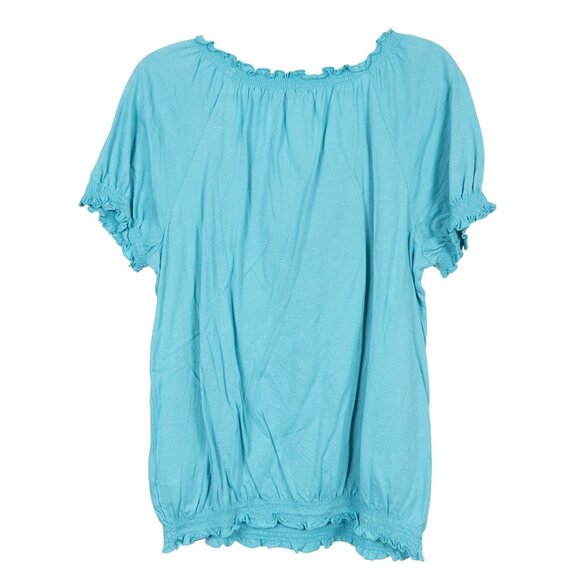 Croft & Barrow Peasant Blouse L Women Blue Embroidered Shirt Cotton Short Sleeve - Picture 6 of 6